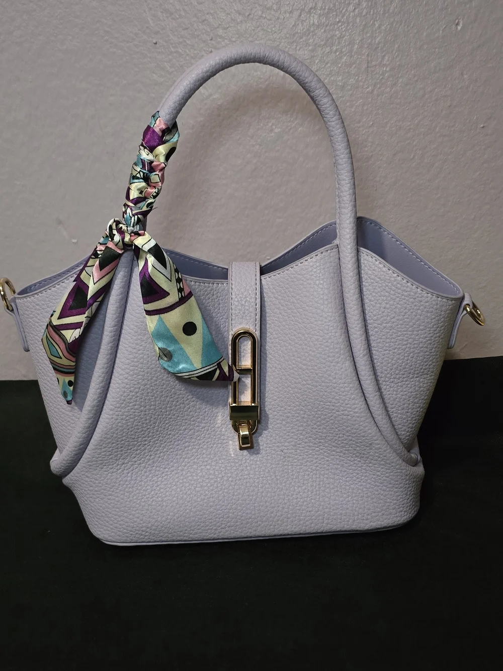 Lilac Leather Tote Bag with Decorative Scarf